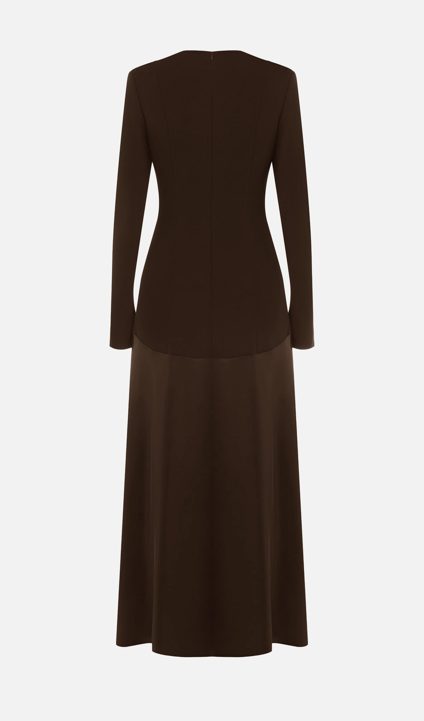 VESTIDO LARGO PUNTOY SATÉN MODELO CAFÉ