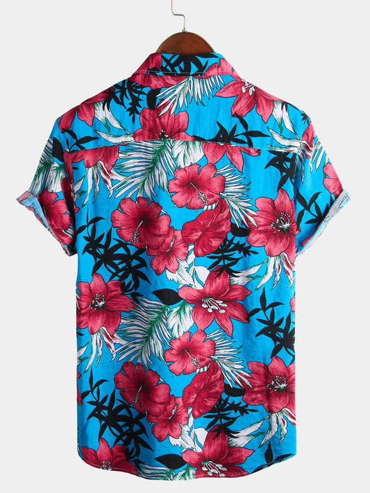 Camisa de algodón puro para hombre con estampado festivo hawaiano,