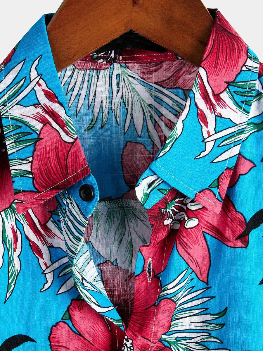 Camisa de algodón puro para hombre con estampado festivo hawaiano,