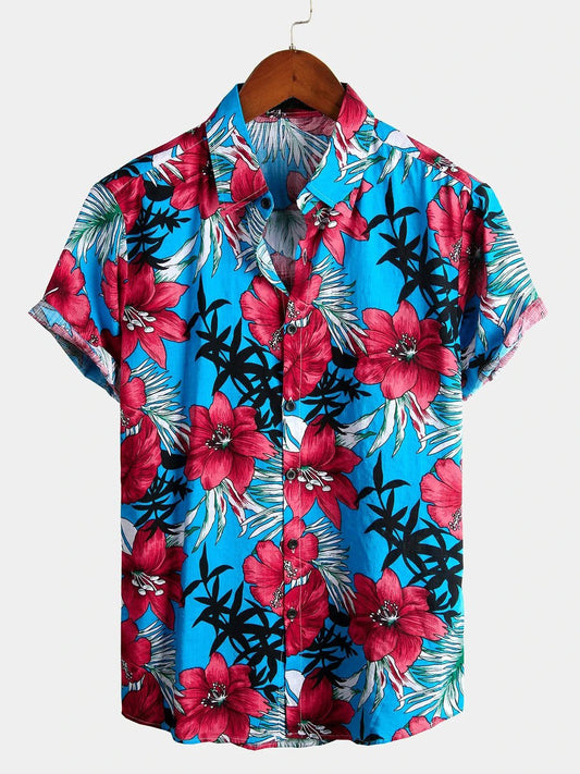 Camisa de algodón puro para hombre con estampado festivo hawaiano.