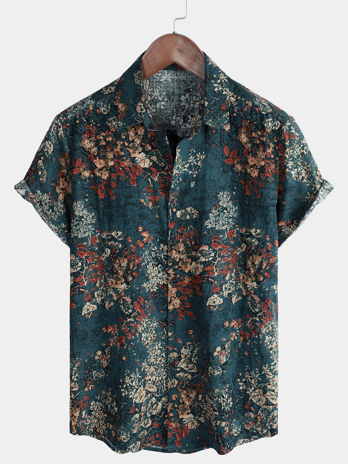 Camisa de manga corta con botones de algodón con estampado floral retro para hombre