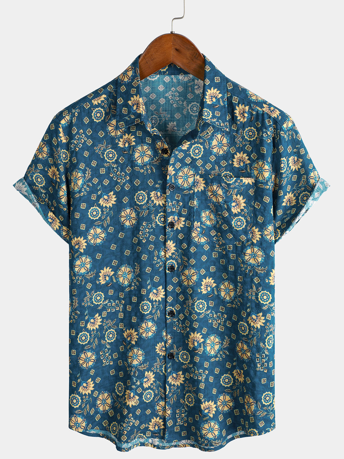 Camisa de playa de manga corta con bolsillo y estampado retro para hombre
