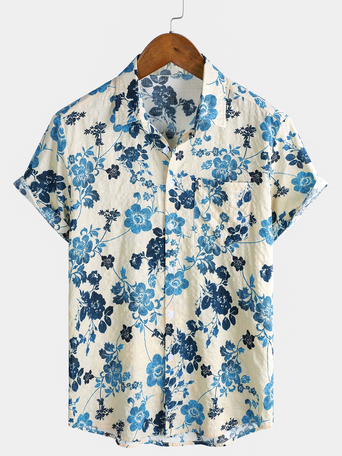 Camisa hawaiana de manga corta para hombre con bolsillo y estampado floral