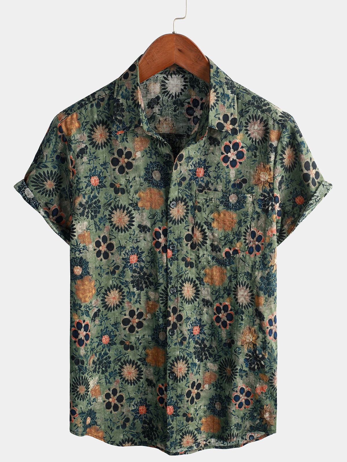 Camisa hawaiana de manga corta de algodón verde para hombre con estampado floral vintage