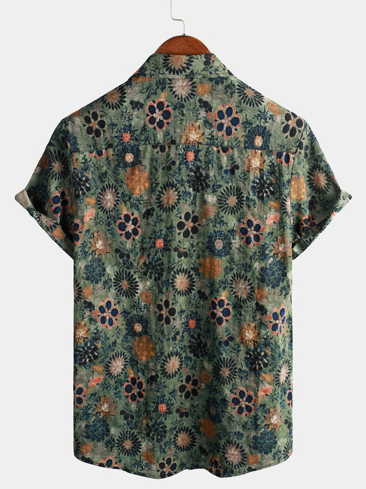 Camisa hawaiana de manga corta de algodón verde para hombre con estampado floral vintage