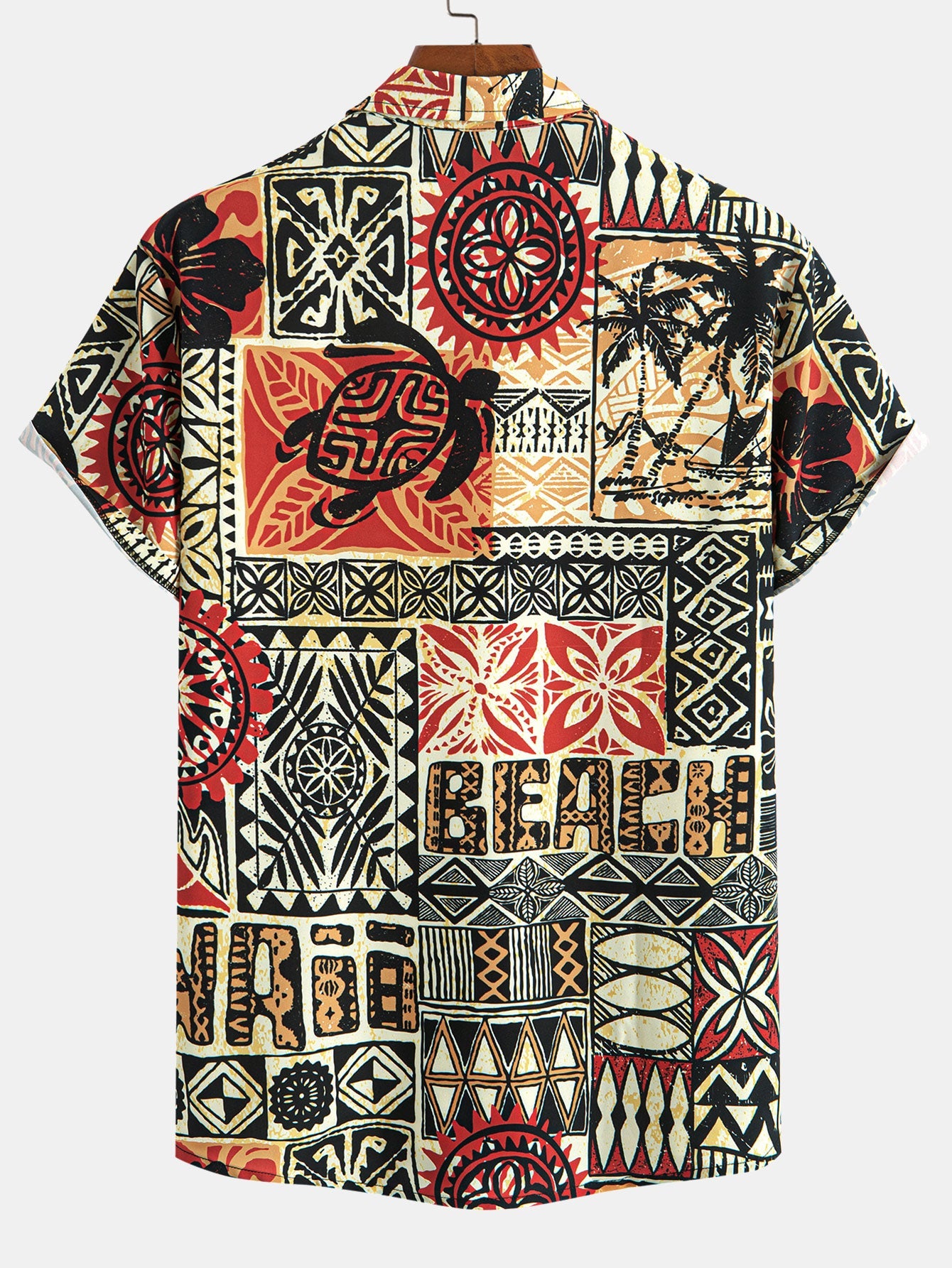 Camisa de botón con estampado de geometría étnica de tortuga de palmera y pantalones cortos de baño