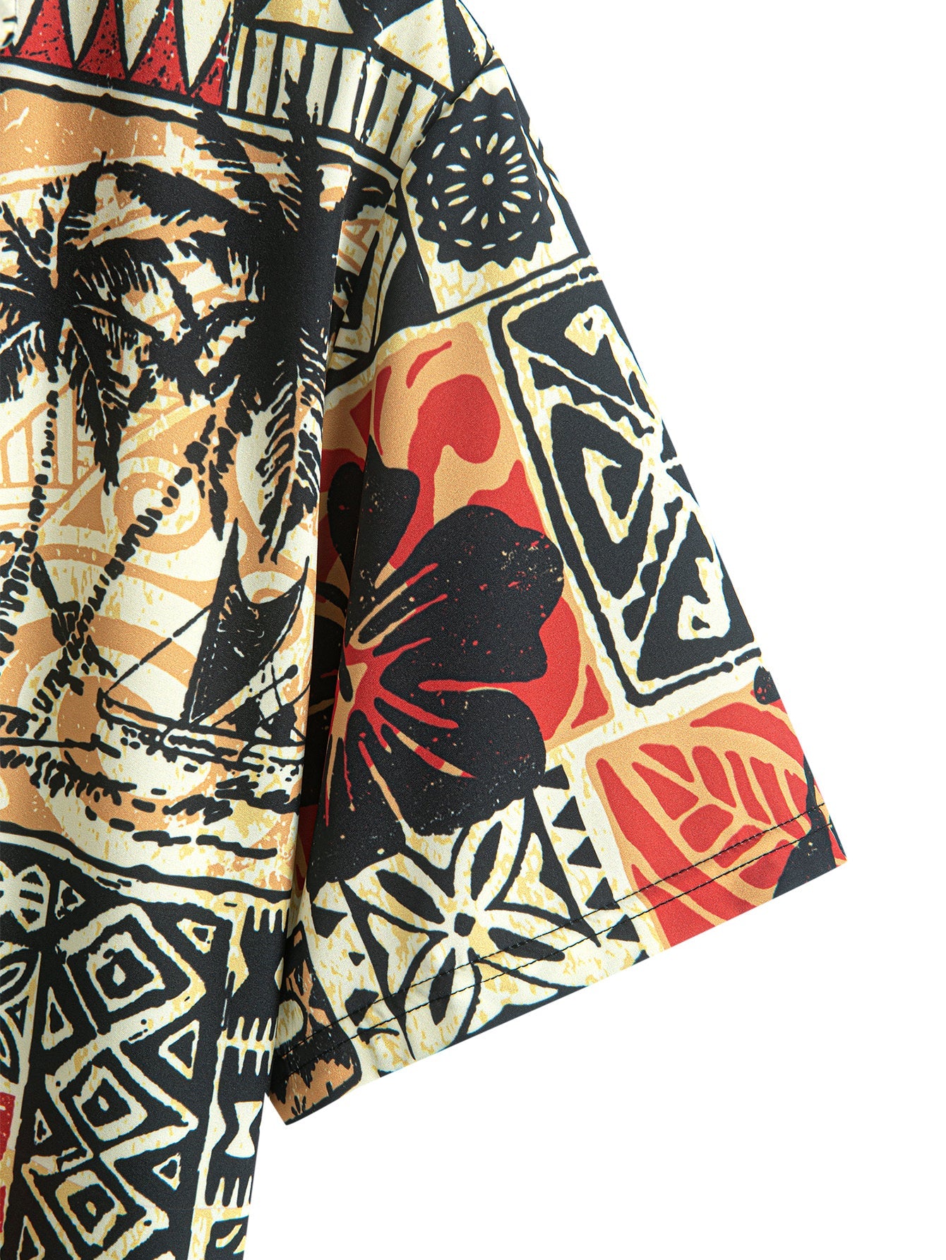 Camisa de botón con estampado de geometría étnica de tortuga de palmera y pantalones cortos de baño