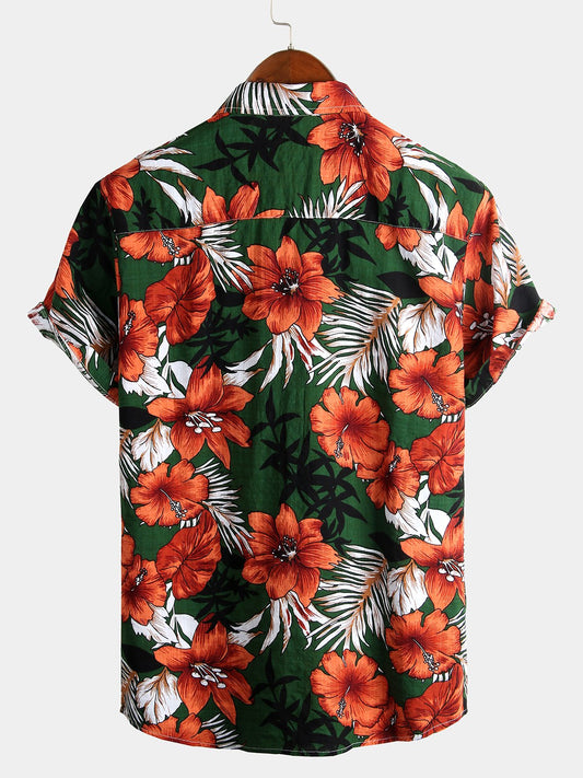 Camisa de algodón puro para hombre con estampado festivo hawaiano-