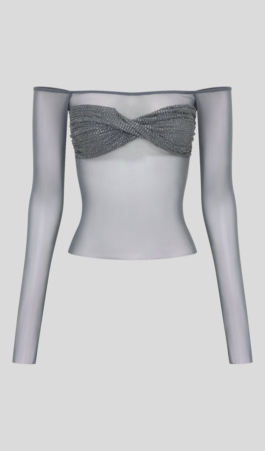 TOP DE MALLA CON HOMBROS DESCUBIERTOS Y DETALLE DE BRILLOS n.04631