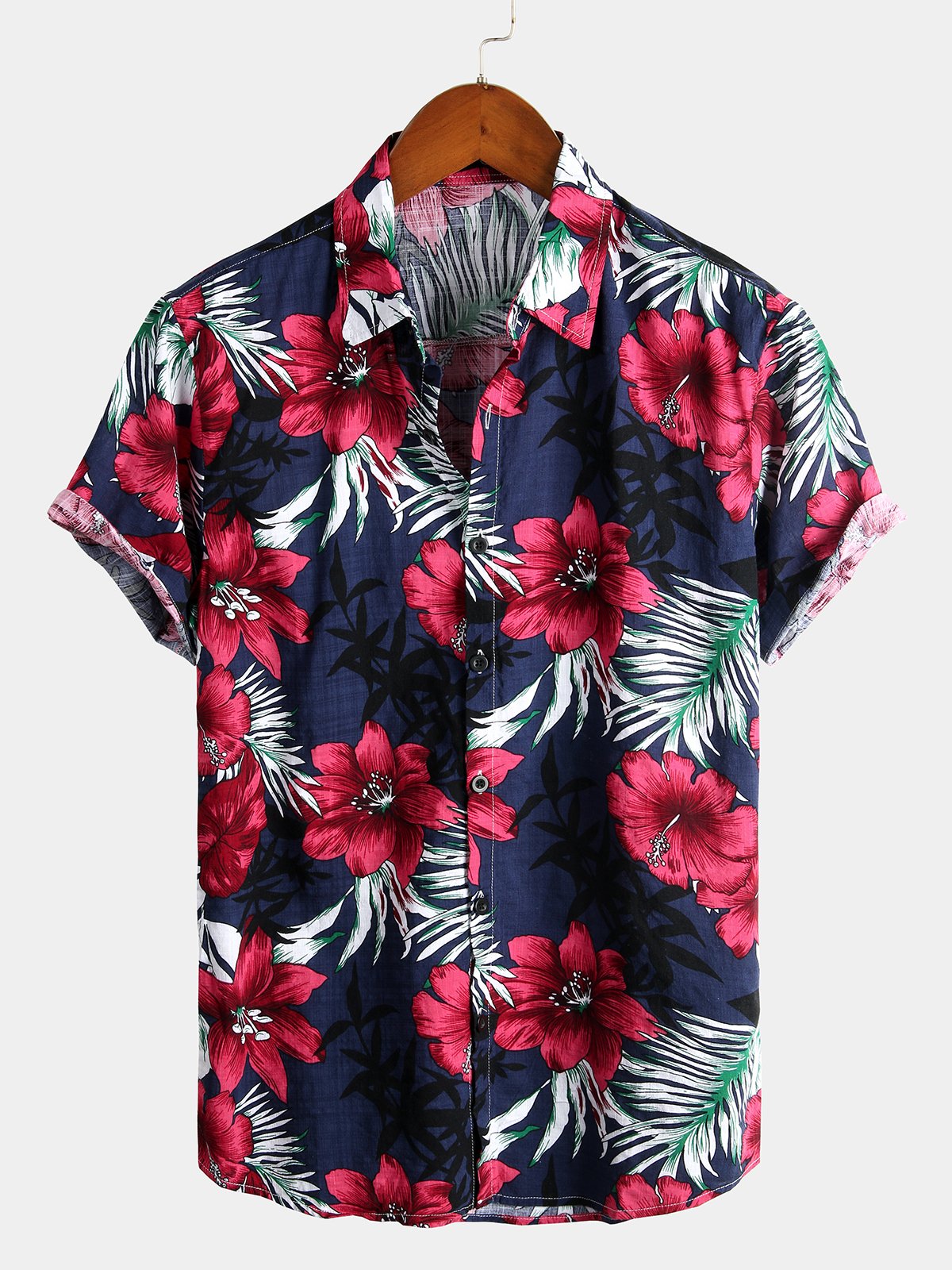 Camisa de algodón puro para hombre con estampado festivo hawaiano.