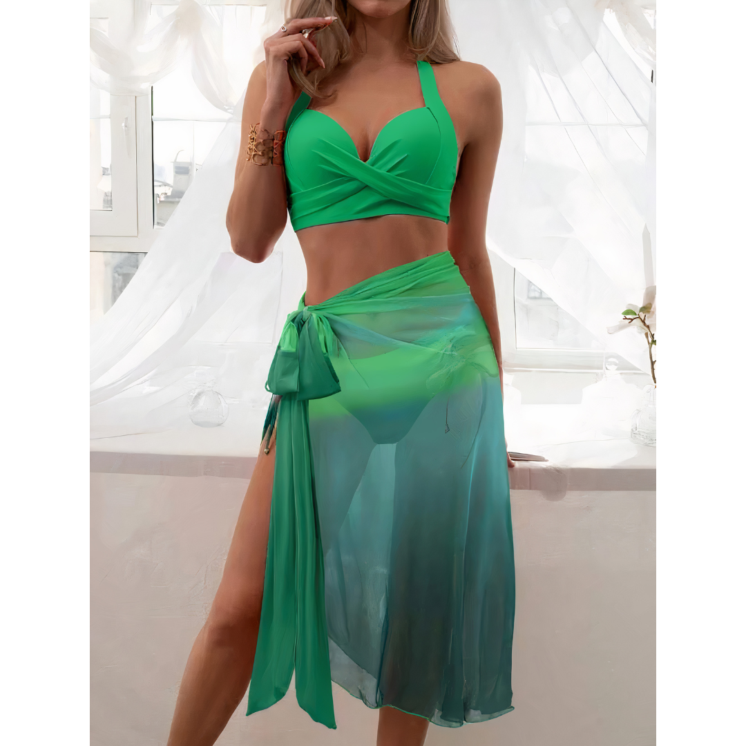 Beachpassion – Bikini 3 en 1 con detalles elegantes y pareo a juego