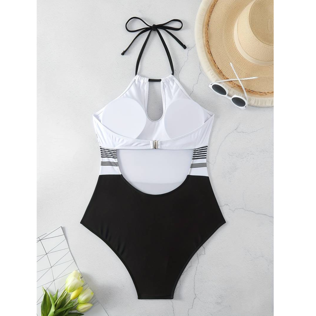 Ivory Illusion – Bañador elegante en blanco y negro con nudo ajustable