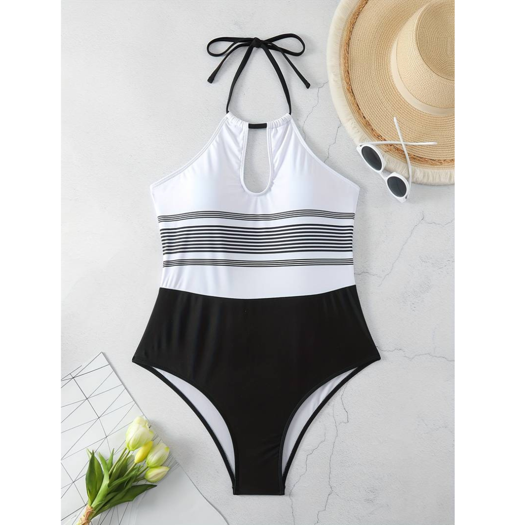 Ivory Illusion – Bañador elegante en blanco y negro con nudo ajustable