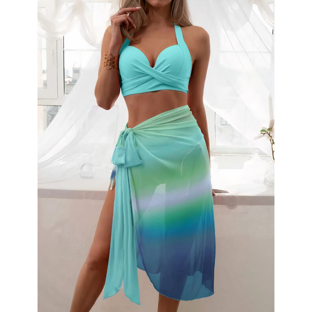 Beachpassion – Bikini 3 en 1 con detalles elegantes y pareo a juego