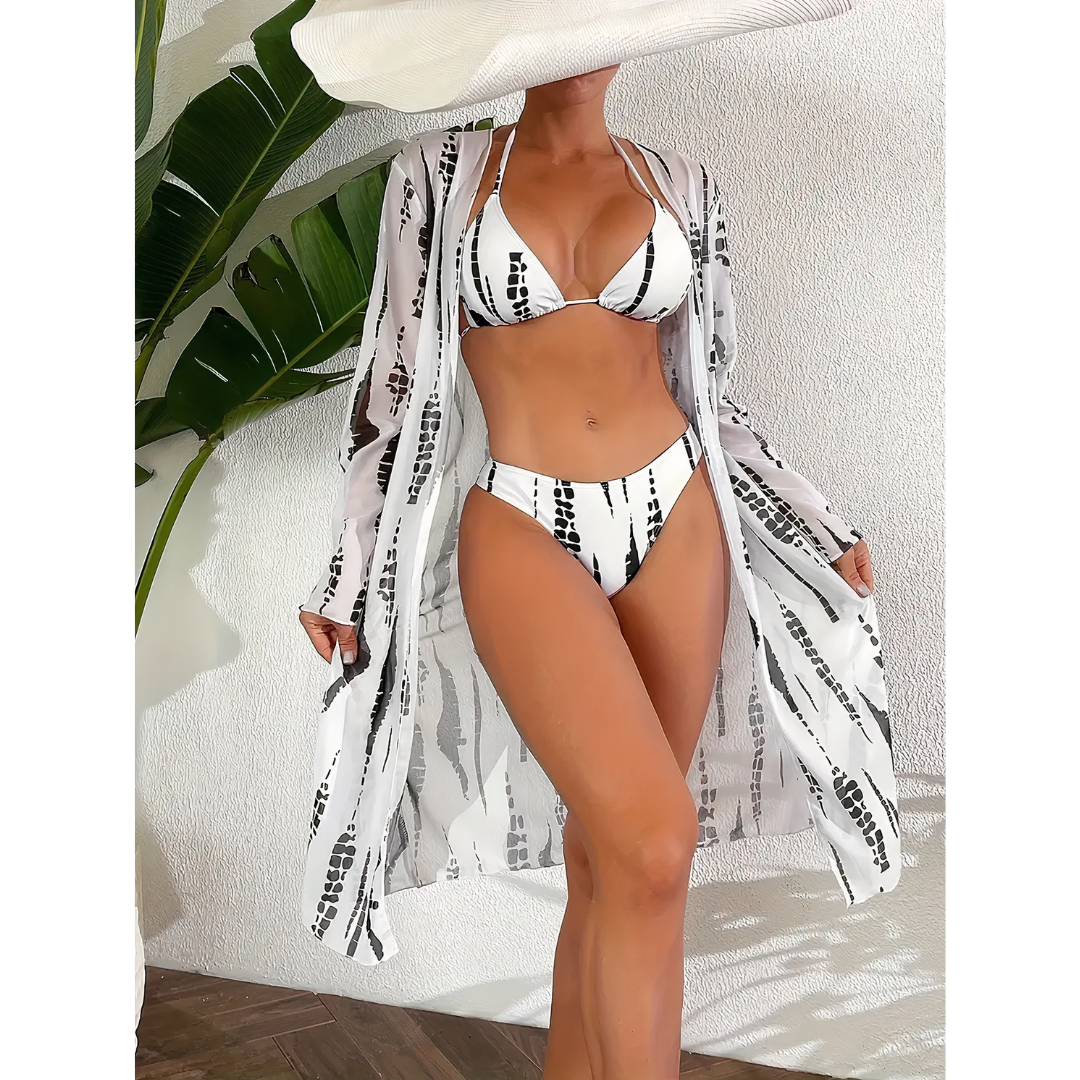 Riviera Radiance Trio – Bikini, Braguita & Kimono Largo para un Completo Look de Playa