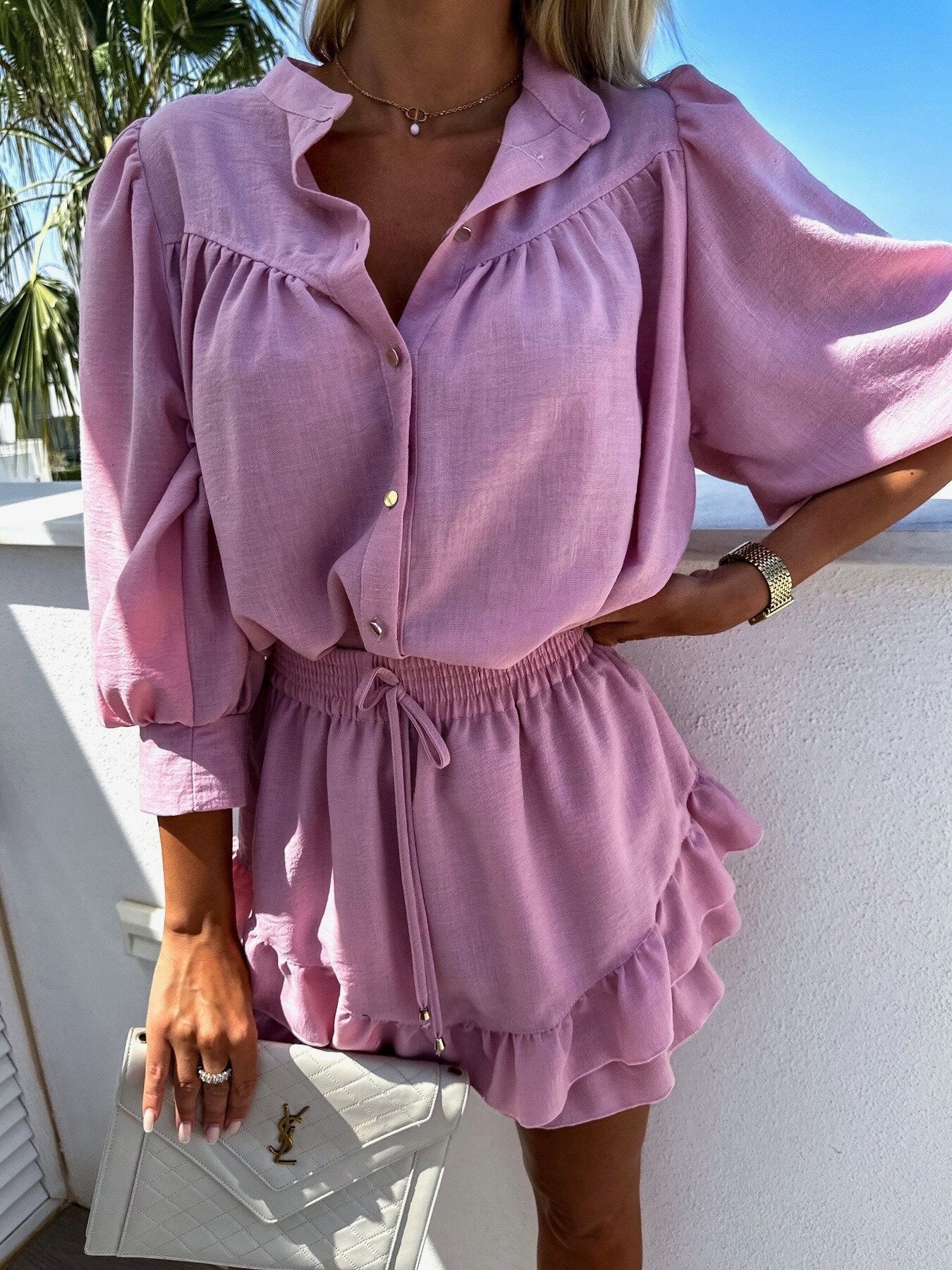 Julie™ – Conjunto elegante de manga larga con pantalones cortos en capas
