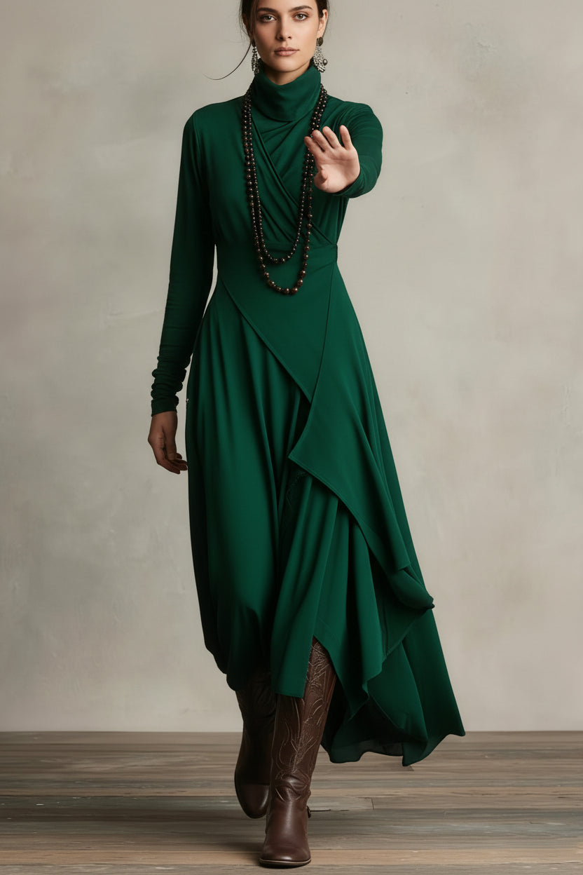 VESTIDO MAXI PLISADO ASIMÉTRICO DE CUELLO ALTO AURELIA