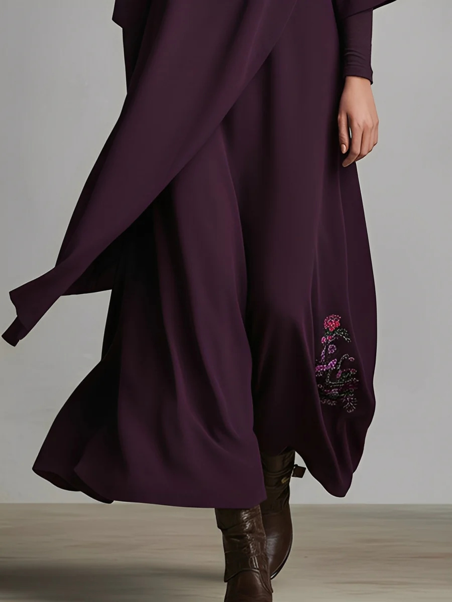 VESTIDO MAXI DE PUNTO DRAPEADO CON BORDADOS EN TONO VIOLETA OSCURO
