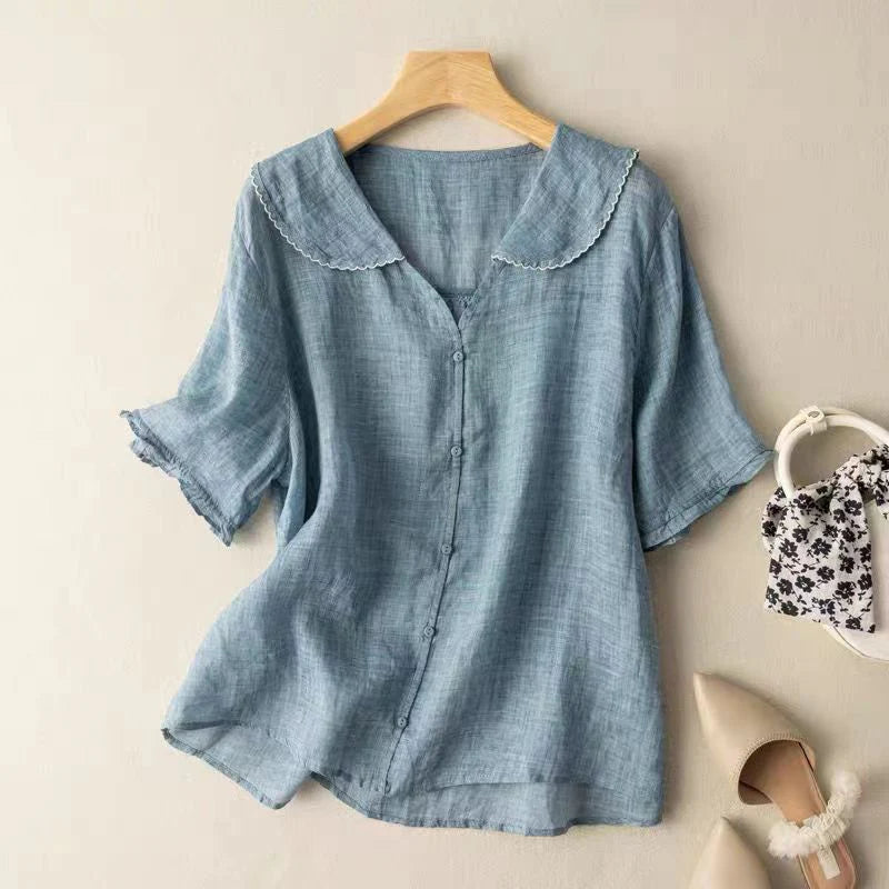 Nerea – Blusa de Lino Elegante de Manga Corta