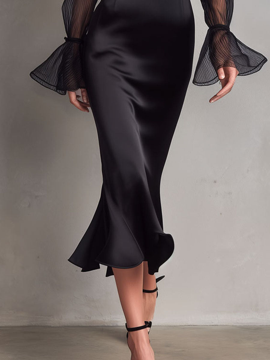 VESTIDO MIDI SATÉN NEGRO MANGA CAMPANA TRANSPARENTE