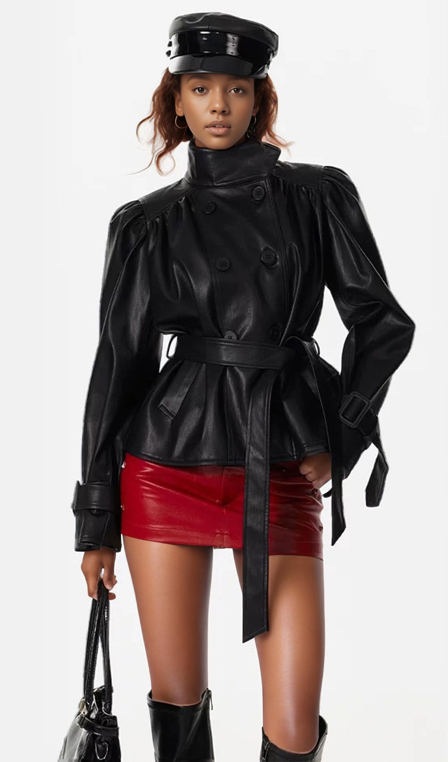 CHAQUETA DE CUERO PLISADA CON CUELLO ALTO