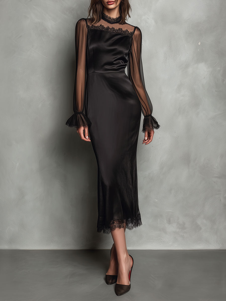VESTIDO MIDI SATÉN NEGRO MANGA TRANSPARENTE ENCAJE