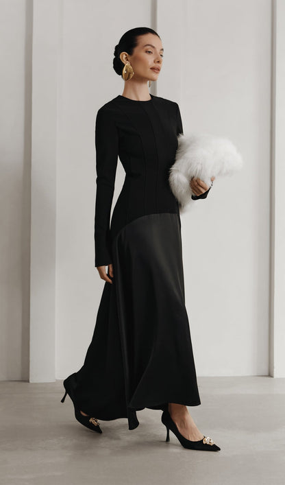 VESTIDO LARGO DE PUNTO Y SATÉN