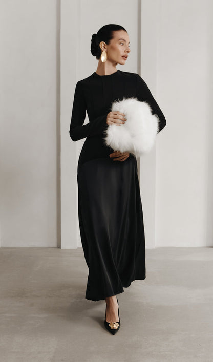 VESTIDO LARGO DE PUNTO Y SATÉN