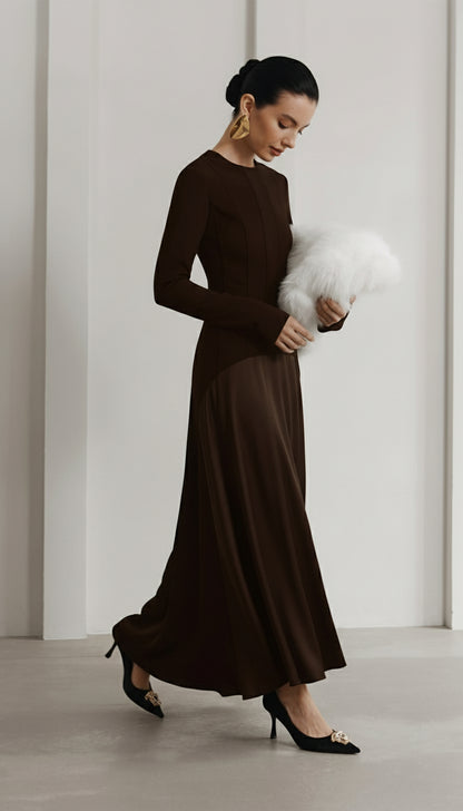 VESTIDO LARGO DE PUNTO Y SATÉN