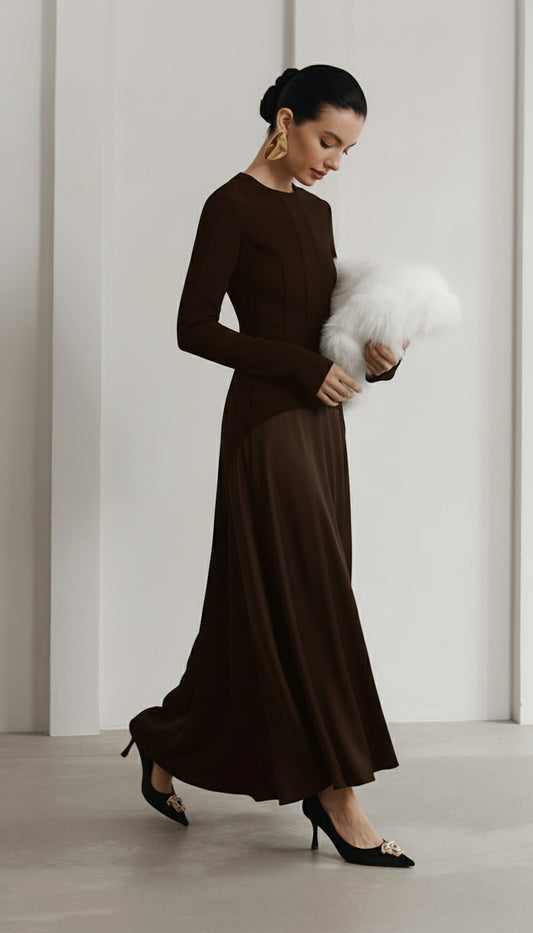 VESTIDO LARGO DE PUNTO Y SATÉN