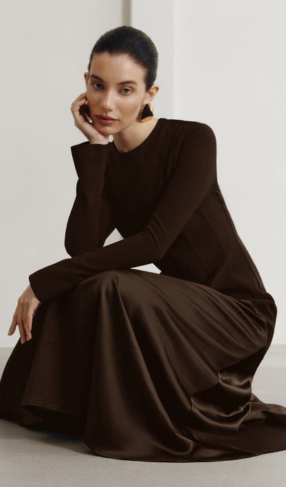 VESTIDO LARGO DE PUNTO Y SATÉN