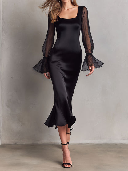 VESTIDO MIDI SATÉN NEGRO MANGA CAMPANA TRANSPARENTE