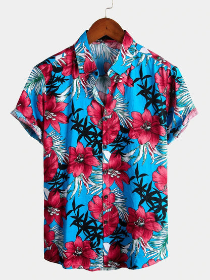 Camisa de algodón puro para hombre con estampado festivo hawaiano,