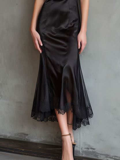 VESTIDO MIDI SATÉN NEGRO CUELLO ALTO ENCAJE
