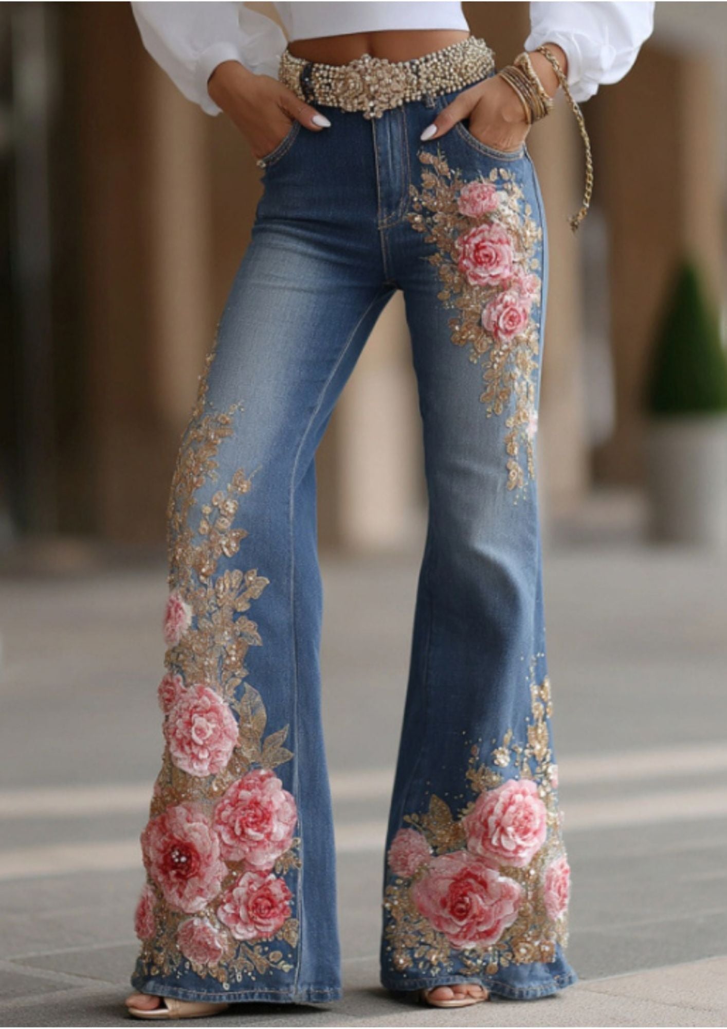 JEANS FLORAL FLARE CINTURA ALTA