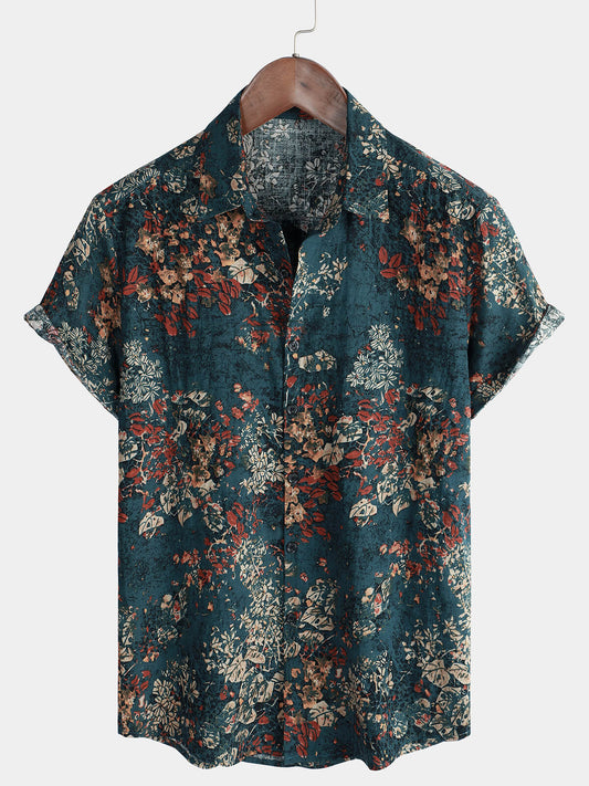 Camisa de manga corta con botones de algodón con estampado floral retro para hombre