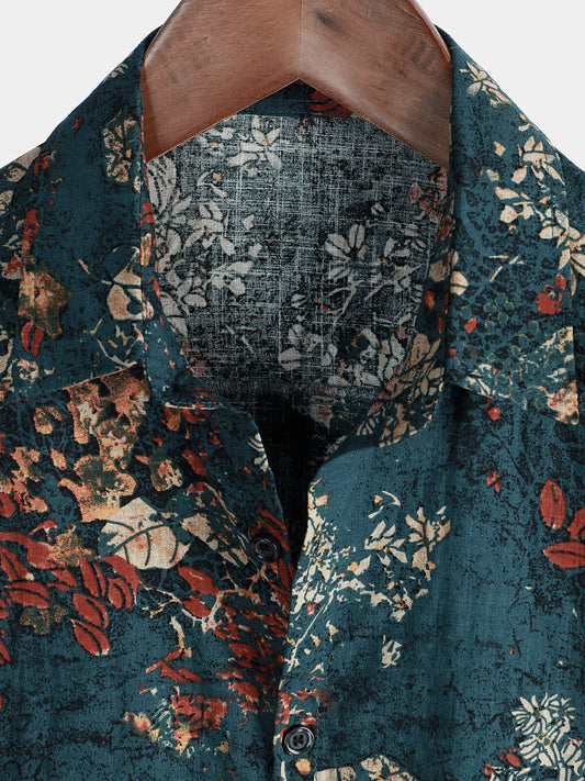 Camisa de manga corta con botones de algodón con estampado floral retro para hombre