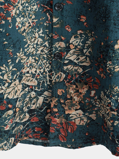 Camisa de manga corta con botones de algodón con estampado floral retro para hombre