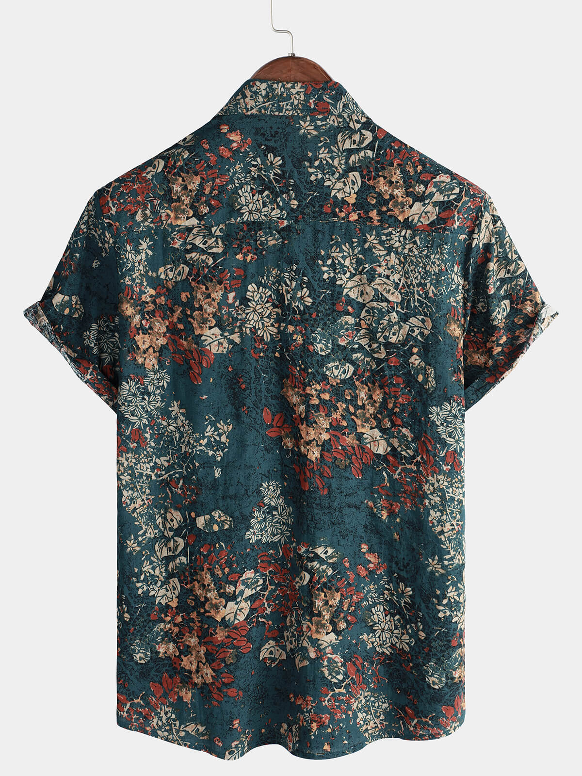 Camisa de manga corta con botones de algodón con estampado floral retro para hombre