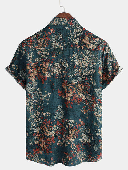 Camisa de manga corta con botones de algodón con estampado floral retro para hombre