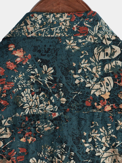 Camisa de manga corta con botones de algodón con estampado floral retro para hombre