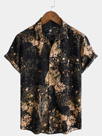 Camisa de manga corta abotonada para hombre con estampado vegetal retro