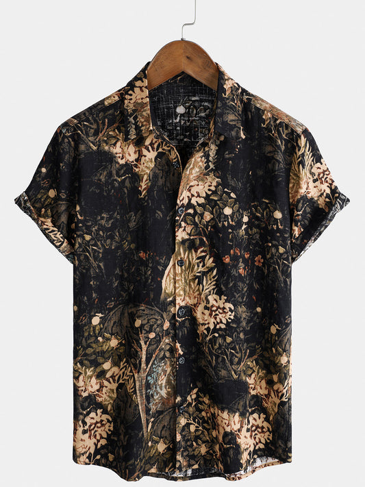 Camisa de manga corta abotonada para hombre con estampado vegetal retro