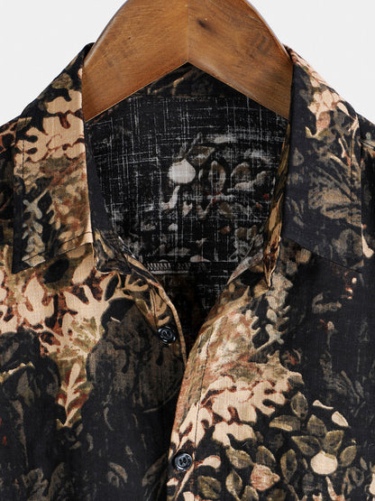 Camisa de manga corta abotonada para hombre con estampado vegetal retro