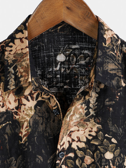 Camisa de manga corta abotonada para hombre con estampado vegetal retro