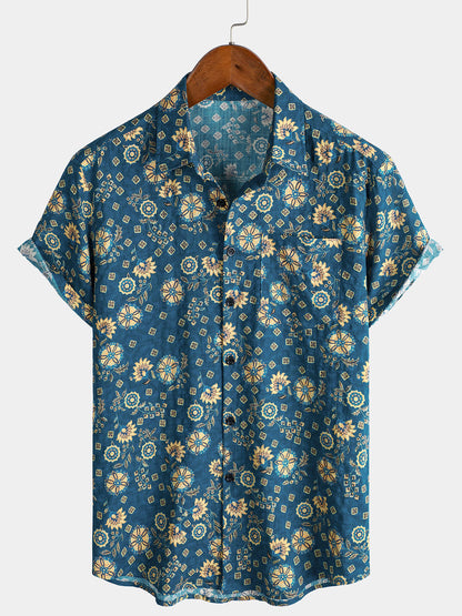 Camisa de playa de manga corta con bolsillo y estampado retro para hombre