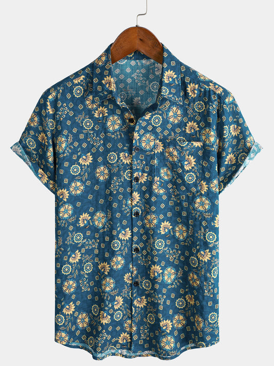 Camisa de playa de manga corta con bolsillo y estampado retro para hombre