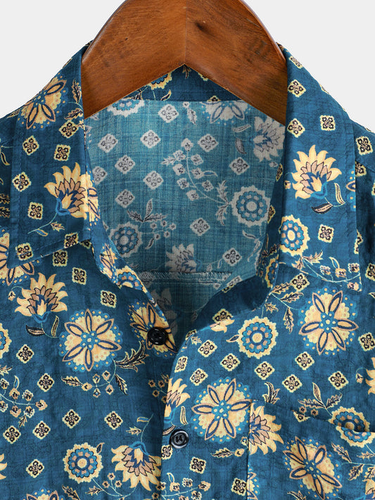 Camisa de playa de manga corta con bolsillo y estampado retro para hombre