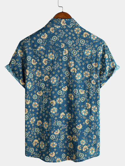 Camisa de playa de manga corta con bolsillo y estampado retro para hombre