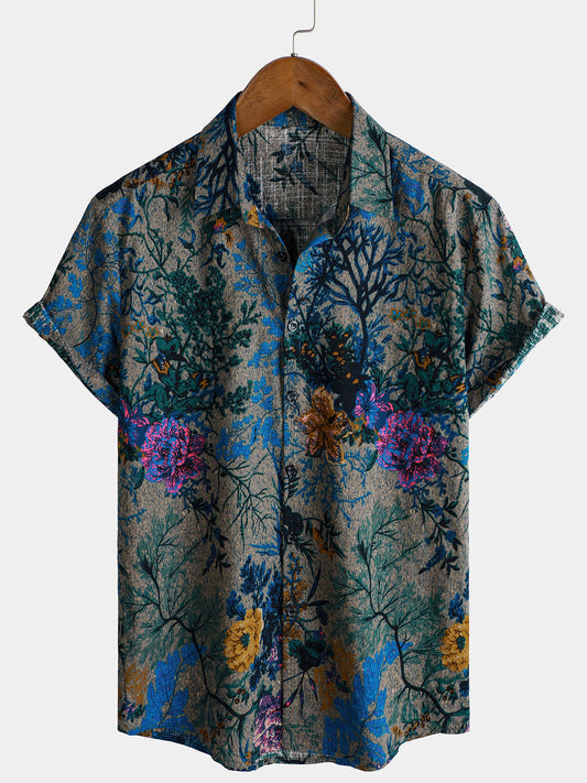 Camisa de manga corta transpirable con estampado floral retro para hombre